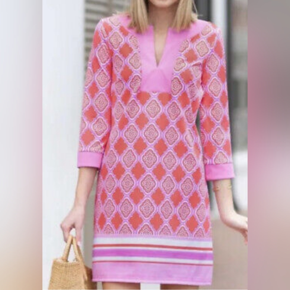CABANA LIFE Women Coral Geo UPF 50 Tunic Dress Cover up size Medium Good Cond